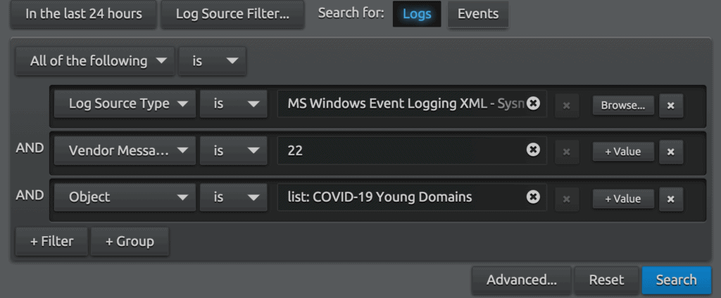 Search for DNS queries in MS SysMon logs
