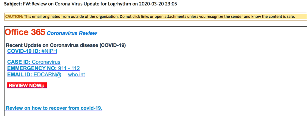 Figure 1: COVID-19 themed phish containing links to a malicious site