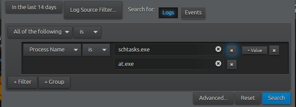 LogRhythm WebUI search for schtasks.exe processes