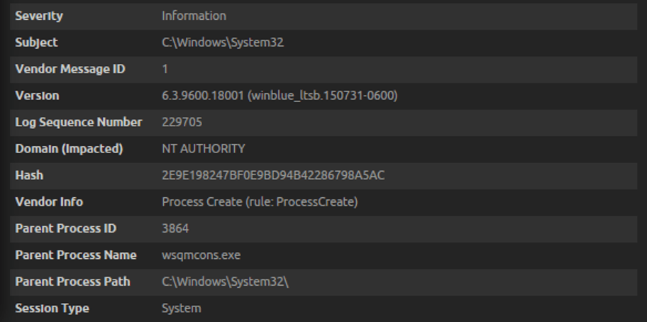 The parent process is wsqmcons.exe in the System32 directory