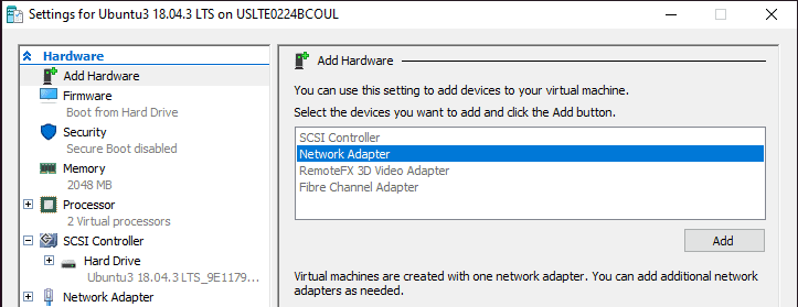 Adding a new network adapter in Hyper-V VM settings 