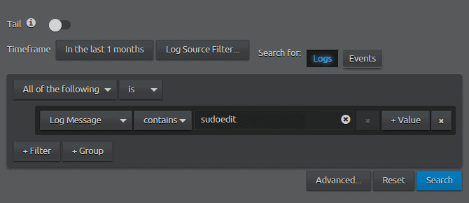 WebUI Search Log Message containing sudoedit