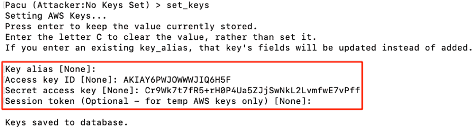 Screenshot of hacker attacker logging into an AWS account with the access key and secret access key using Pacu.