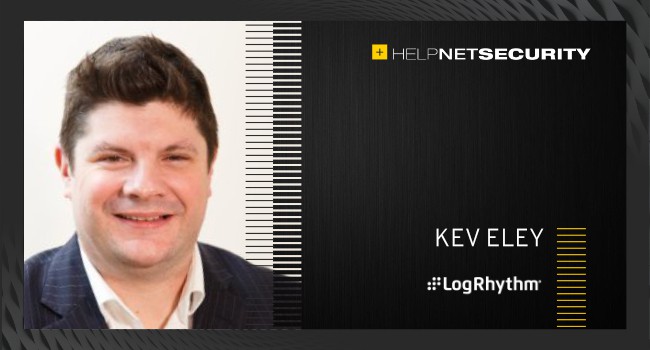 Image of Kev Eley to the left and the helpnet and LogRhythm logo's to the right, cybersecurity threats and challenges in 2022