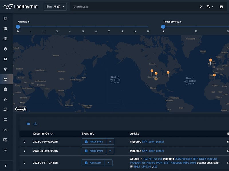 LogRhythm NDR's Geography Dashboard showcasing threat anomalies and threat severity on maps in the new User Interface.